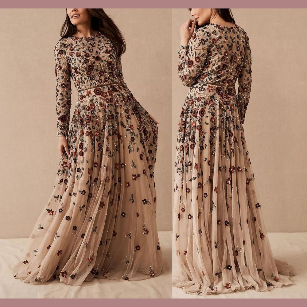 NWT Mac Duggal [ 8 ] 5533‎ Floral Applique Long Sleeve Illusion Gown Rose Beige